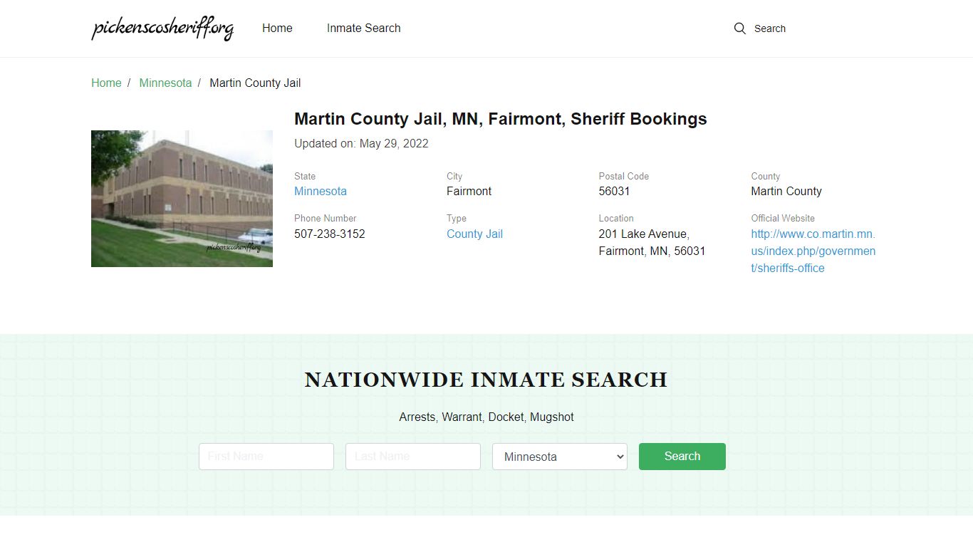 Martin County Jail, MN, Fairmont, Sheriff Bookings